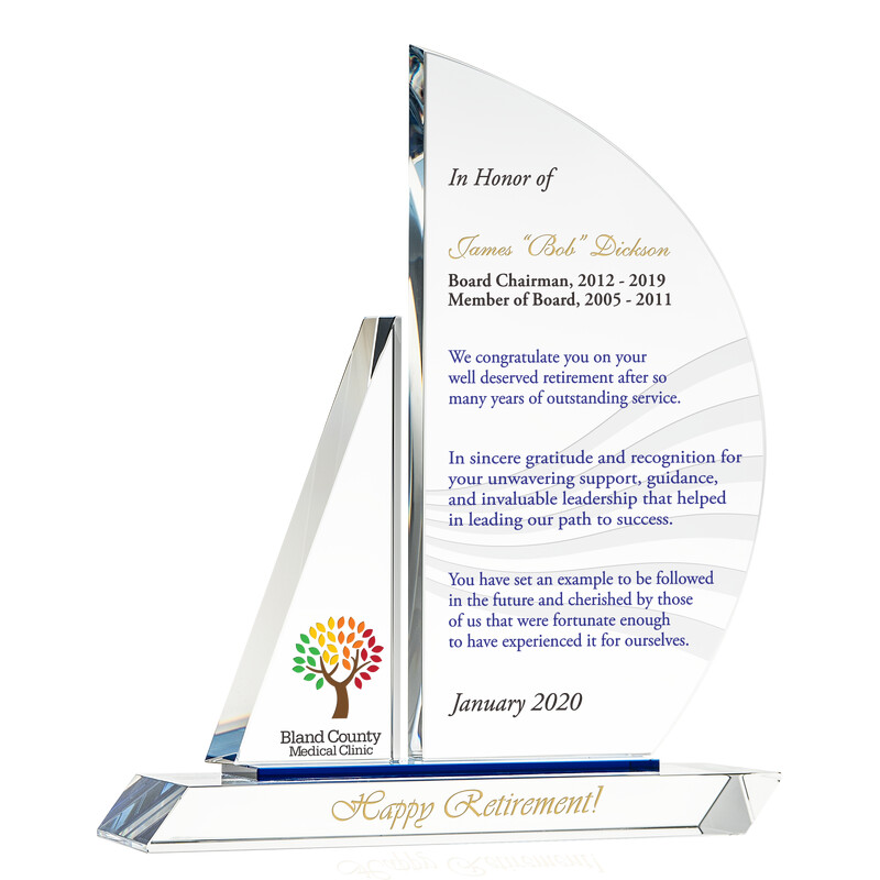 Crystal Sailboat Corporate Executive Retirement Gift Plaque